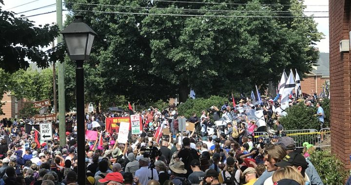 A large crowd of anti-racist protestors face off against white supremacists on a tree-lined street. Only the tops of most people's heads are visible. there are two neon hats in the crowd. They are National Lawyers Guild legal observers.